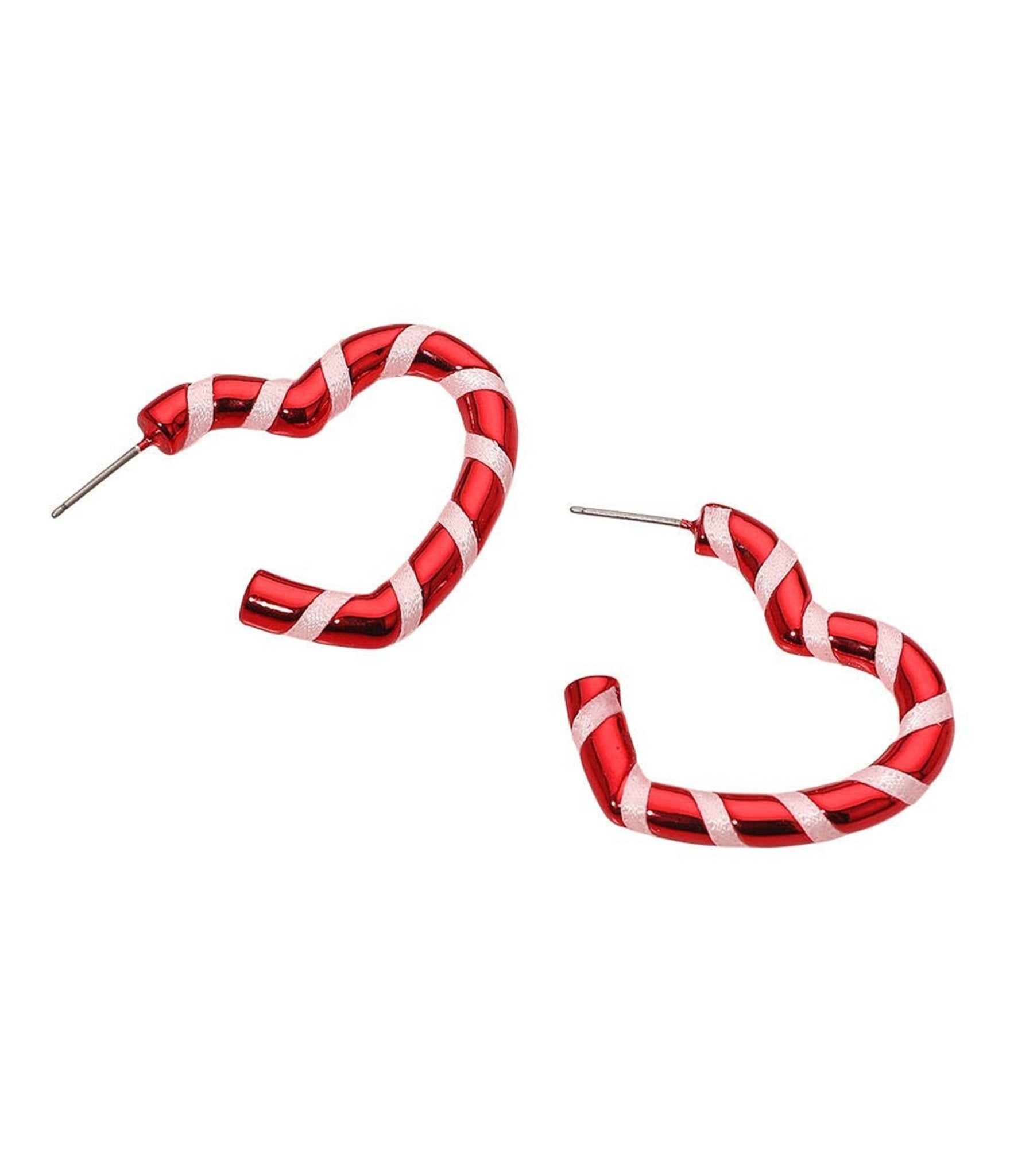 Red Candy Cane Stripe Heart Hoop Earrings - Unique Vintage - Womens, ACCESSORIES, JEWELRY