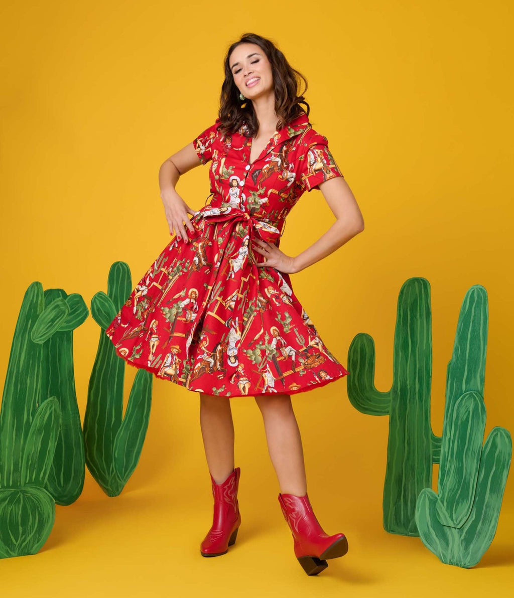Red & Cowgirl Print Swing Shirt Dress – Unique Vintage Red & Cowgirl Print Swing Shirt Dress – Unique Vintage