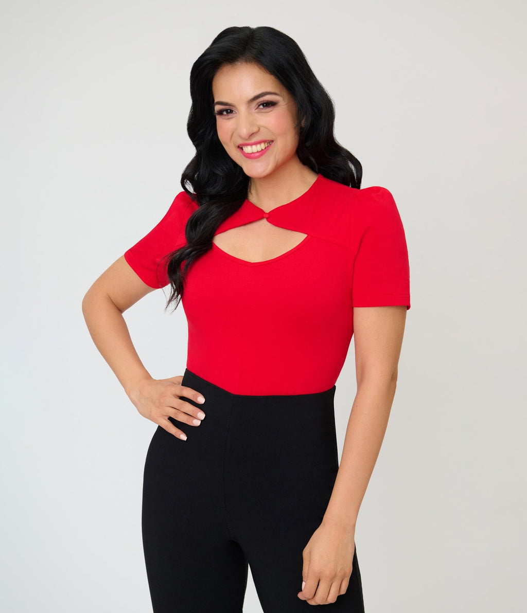 Red Cut Out Button Top - Unique Vintage - Womens, TOPS, SHIRTS