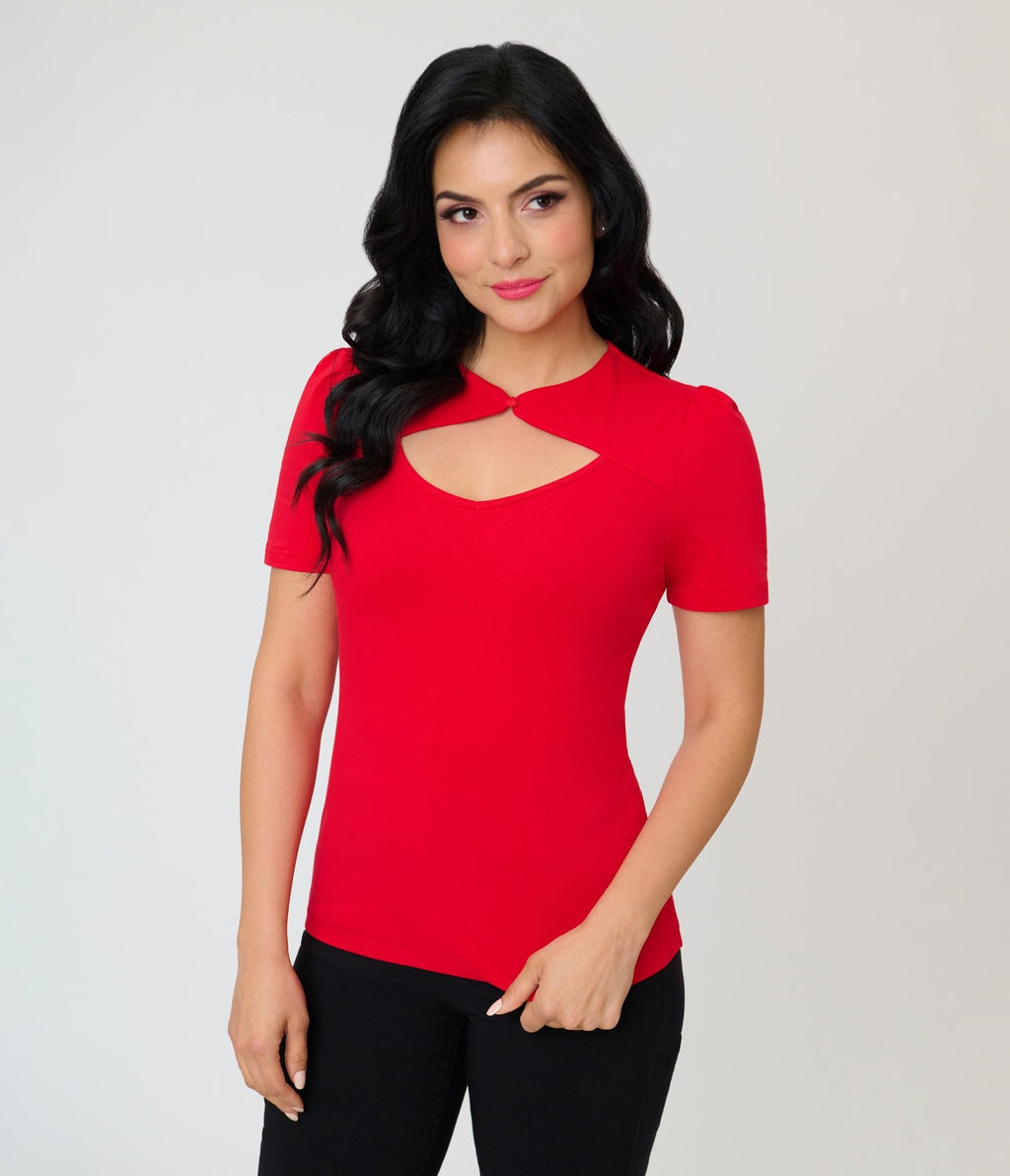 Red Cut Out Button Top - Unique Vintage - Womens, TOPS, SHIRTS
