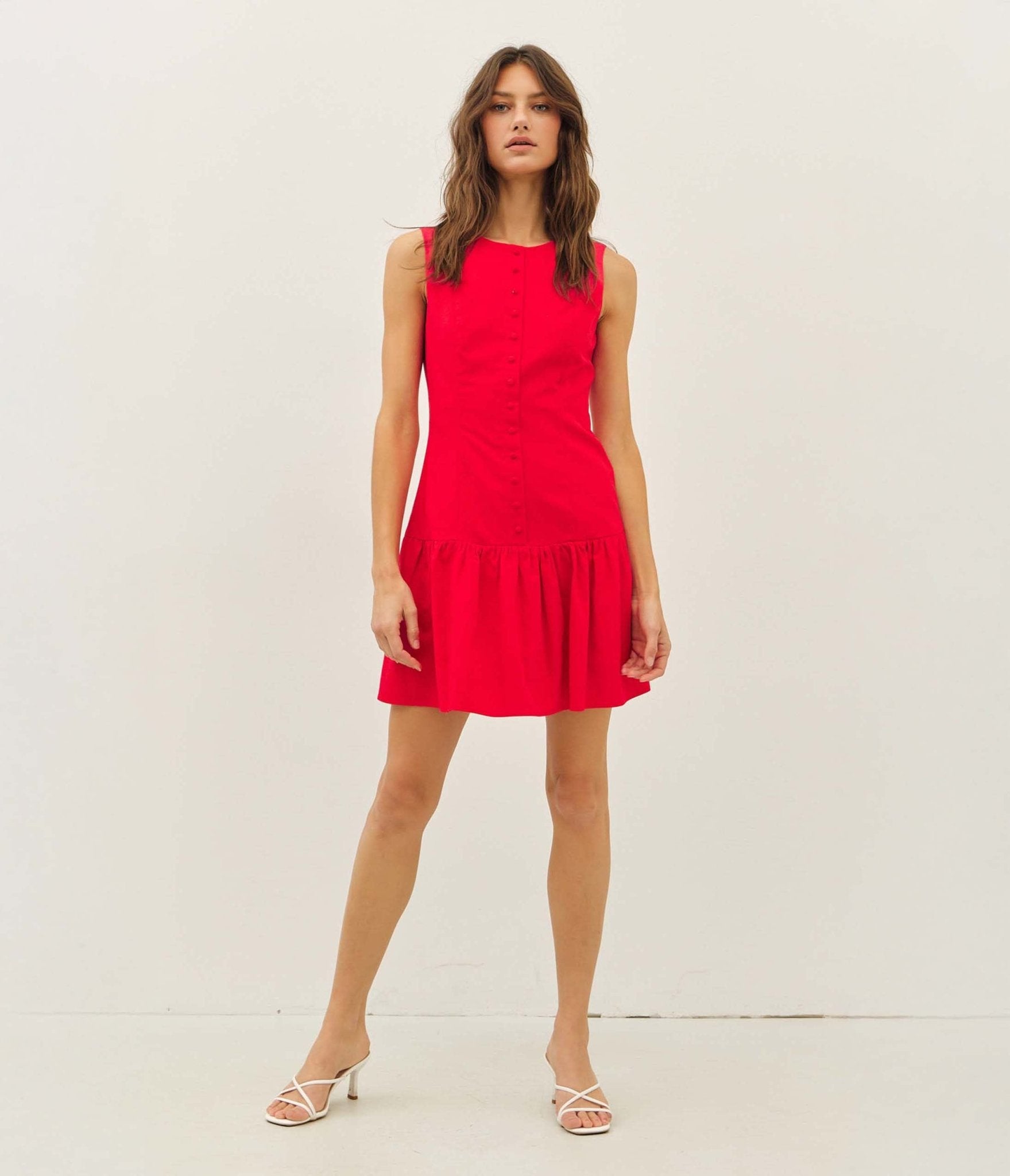 Red Drop Waist Button Front Mini Dress - Unique Vintage - Womens, DRESSES, FIT AND FLARE