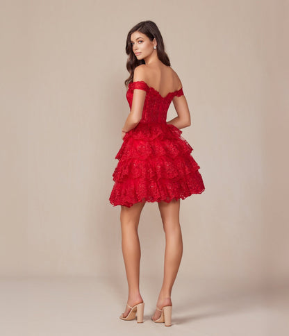 Red Embroidered Sequin Off The Shoulder A - Line Prom Dress - Unique Vintage - Womens, DRESSES, PROM AND SPECIAL OCCASION