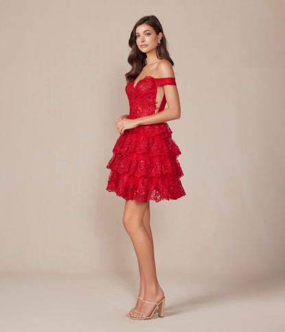 Red Embroidered Sequin Off The Shoulder A - Line Prom Dress - Unique Vintage - Womens, DRESSES, PROM AND SPECIAL OCCASION