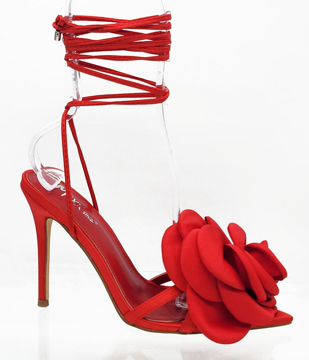 Red Flower Wrap Adalynn Heels - Unique Vintage - Womens, SHOES, HEELS