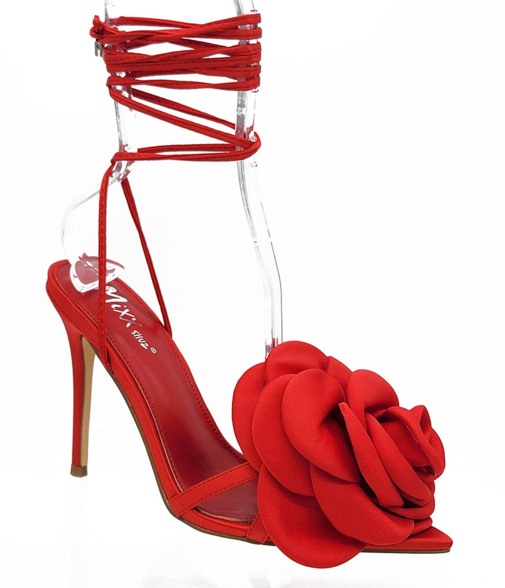 Red Flower Wrap Adalynn Heels - Unique Vintage - Womens, SHOES, HEELS