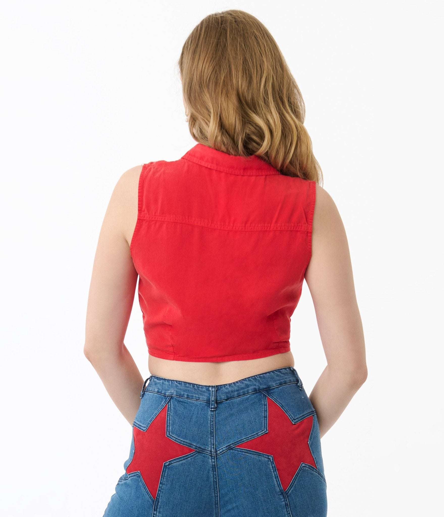 Red Front Tie Tencel Crop Top - Unique Vintage - Womens, TOPS, SHIRTS