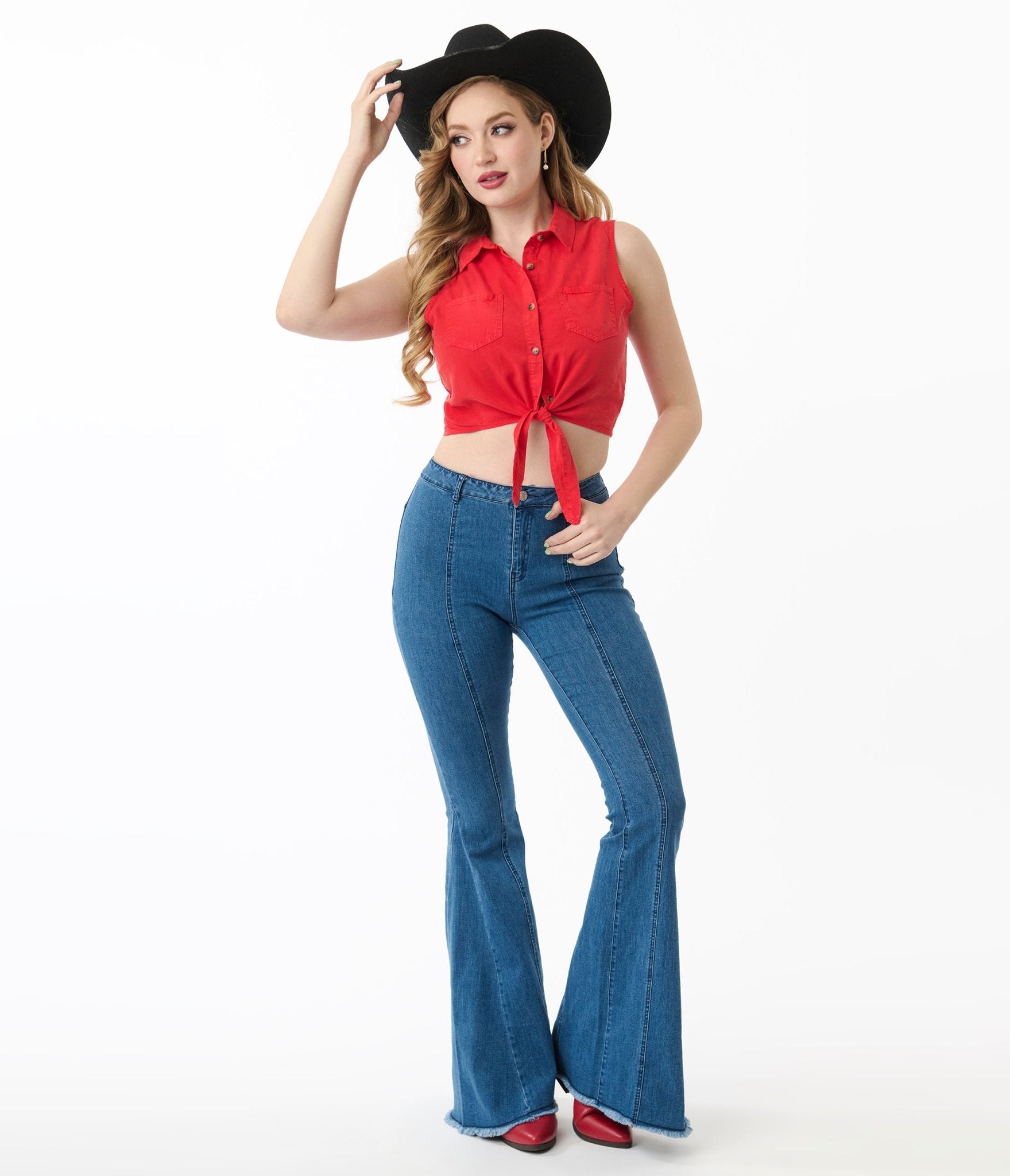 Red Front Tie Tencel Crop Top - Unique Vintage - Womens, TOPS, SHIRTS