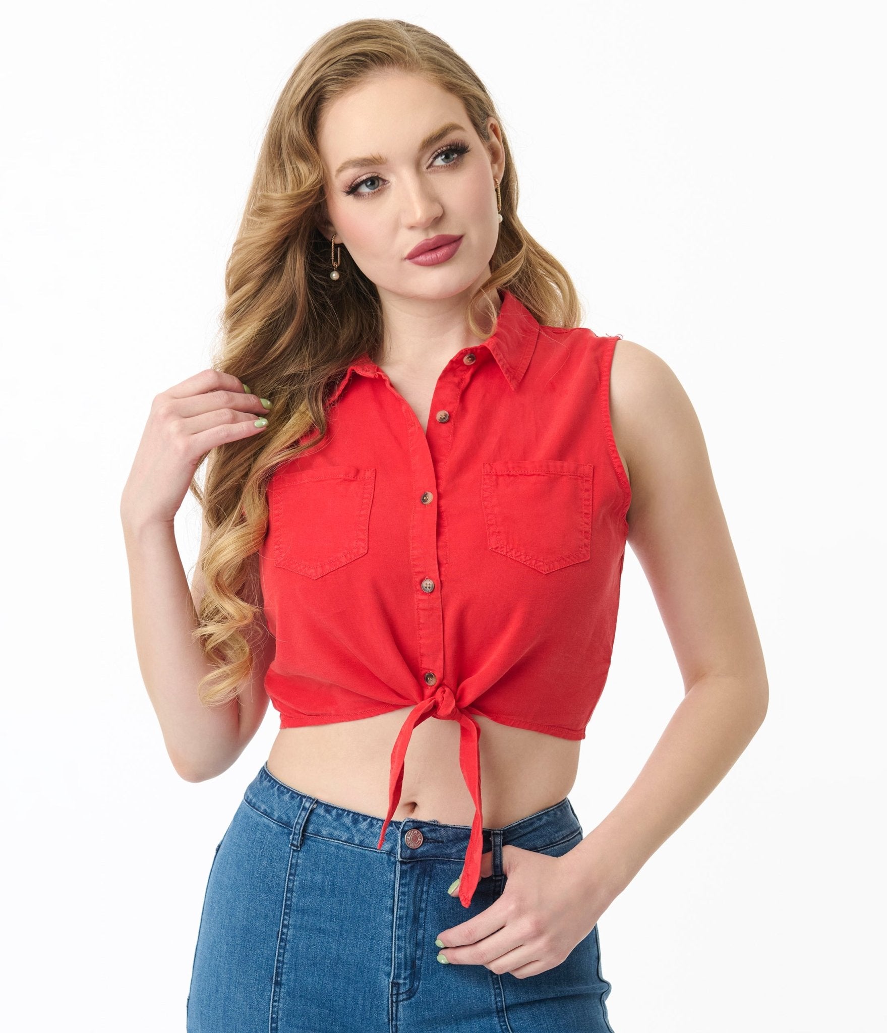 Red Front Tie Tencel Crop Top - Unique Vintage - Womens, TOPS, SHIRTS