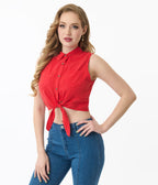 Red Front Tie Tencel Crop Top - Unique Vintage - Womens, TOPS, SHIRTS