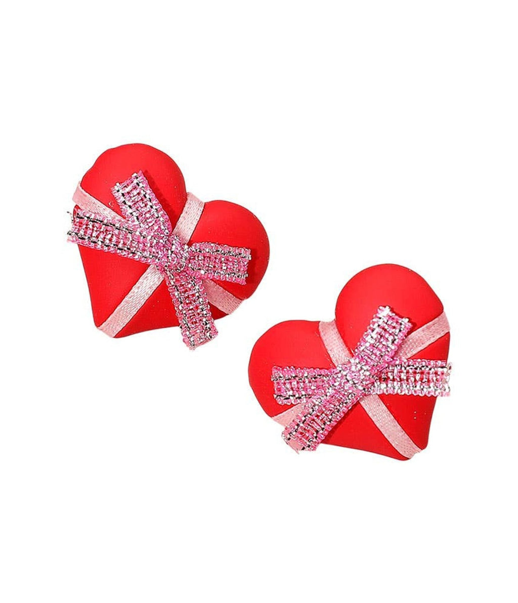 Red Gift Wrapped Heart Stud Earrings - Unique Vintage - Womens, ACCESSORIES, JEWELRY