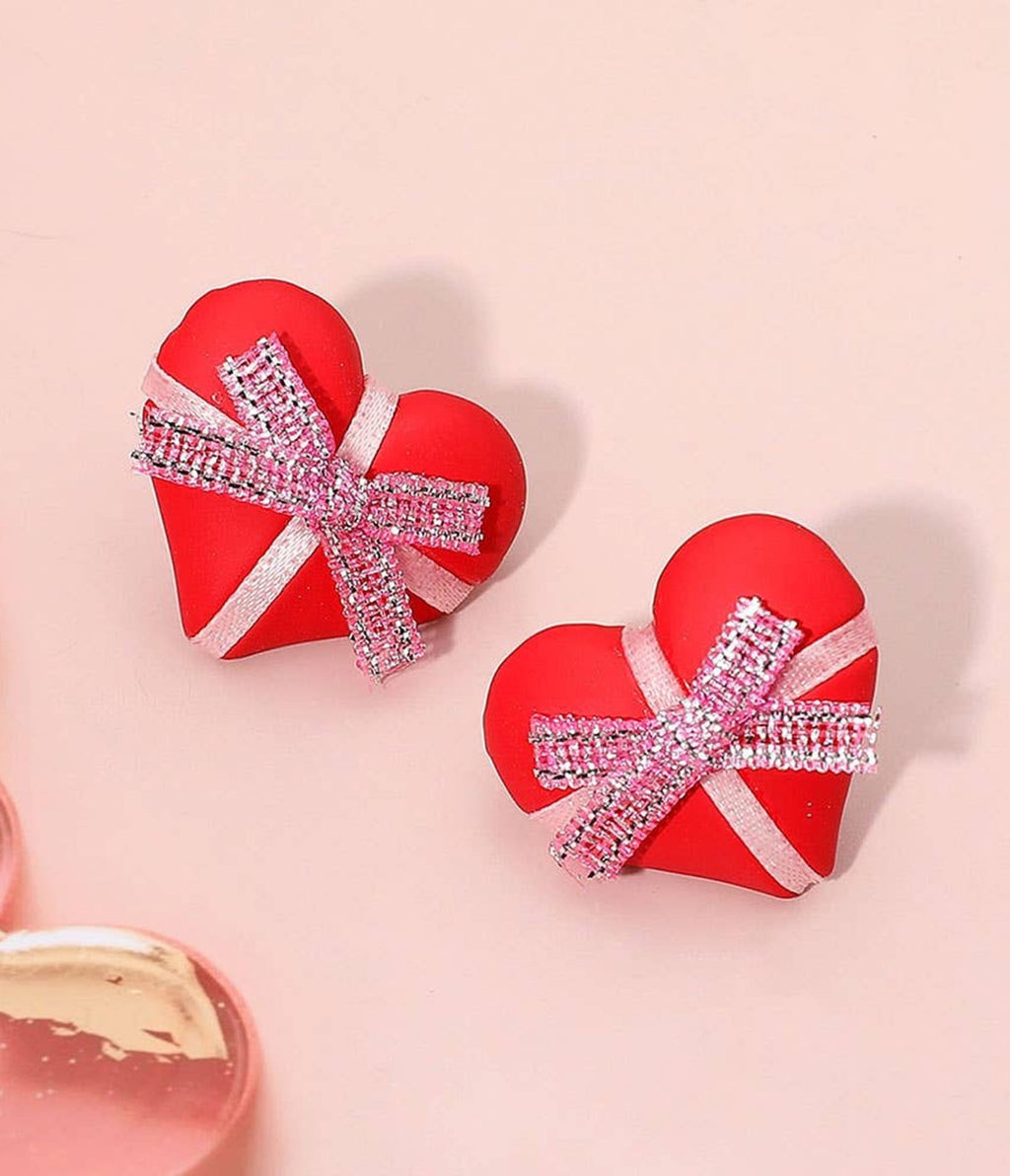 Red Gift Wrapped Heart Stud Earrings - Unique Vintage - Womens, ACCESSORIES, JEWELRY