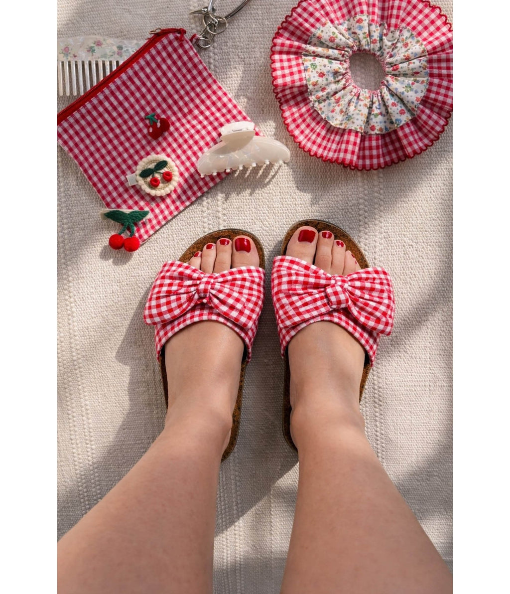 Red Gingham Bow Sandals - Unique Vintage - Womens, SHOES, SANDALS