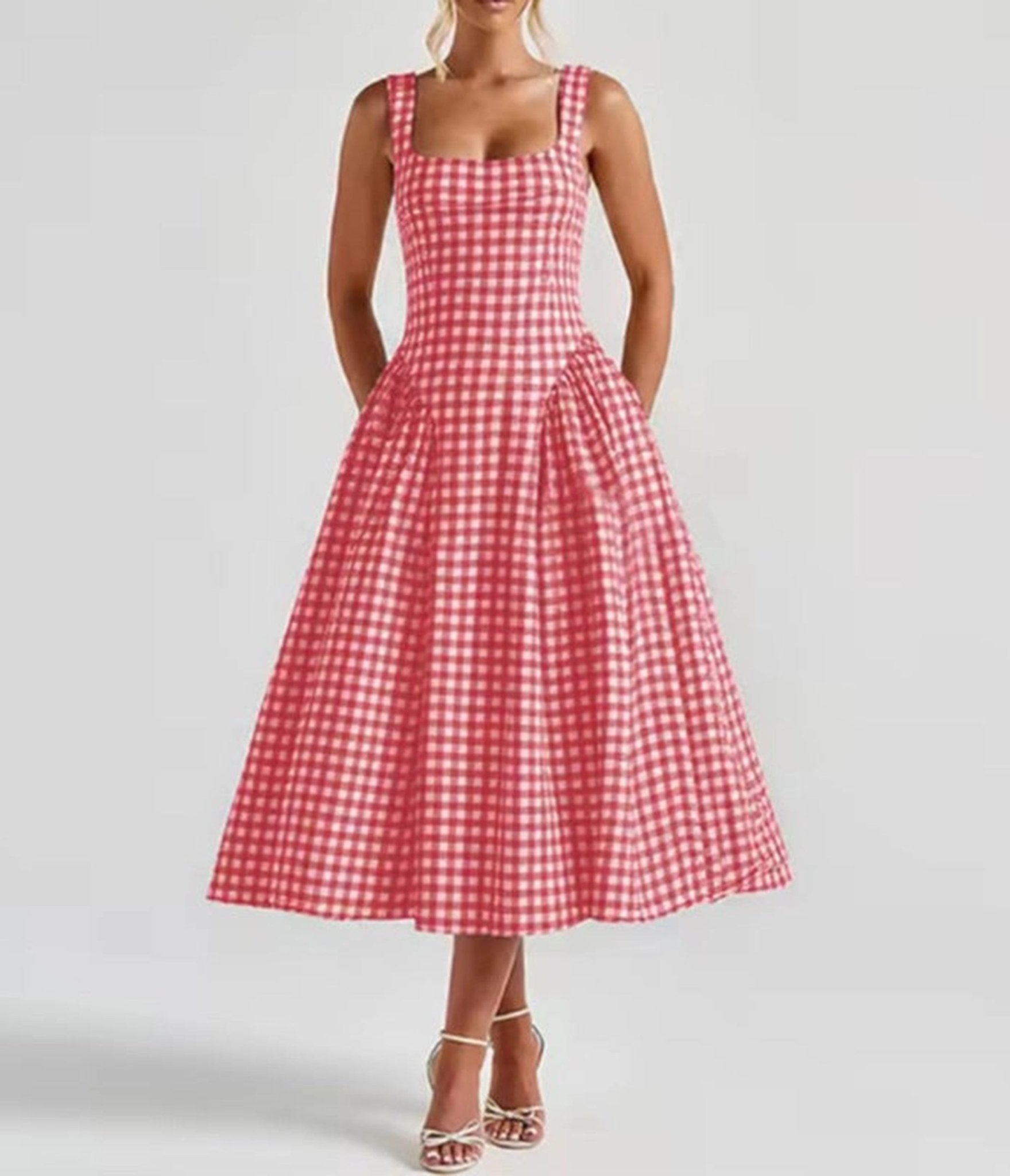 Red Gingham Midi Dress - Unique Vintage - Womens, DRESSES, MIDI
