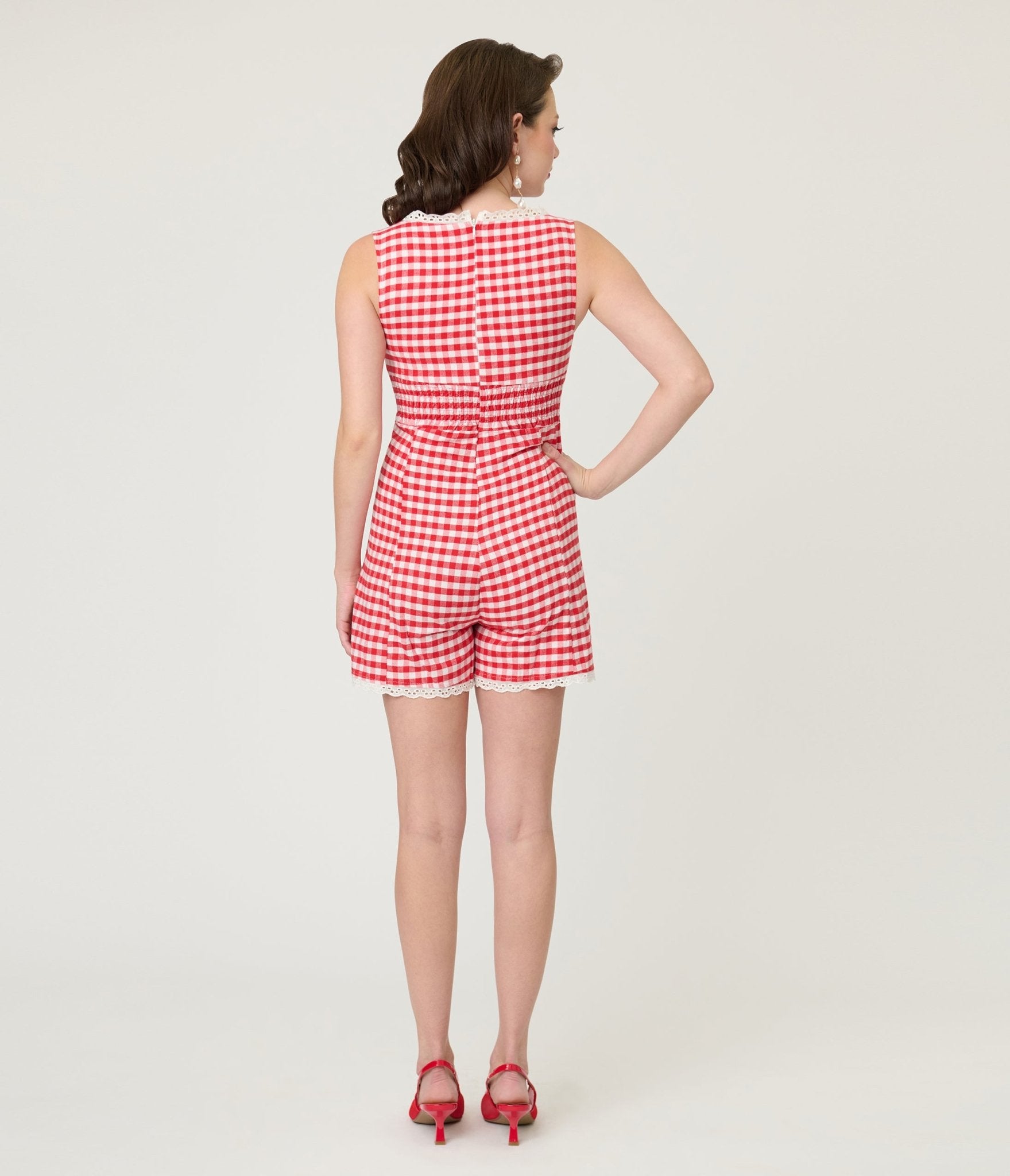 Red Gingham Sleeveless Romper - Unique Vintage - Womens, BOTTOMS, ROMPERS AND JUMPSUITS
