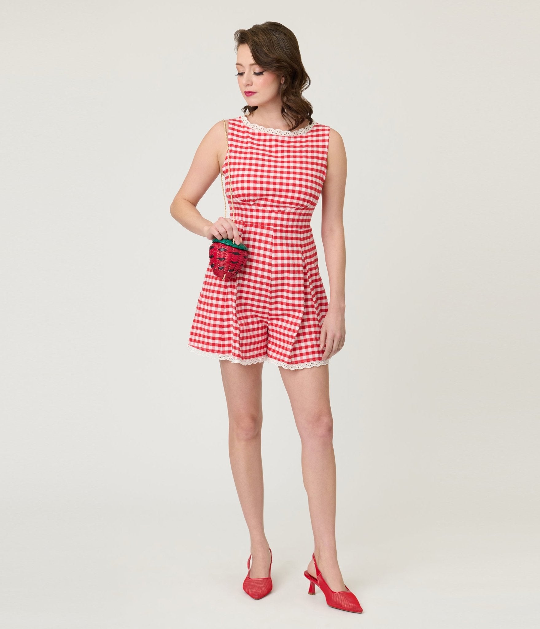 Red Gingham Sleeveless Romper - Unique Vintage - Womens, BOTTOMS, ROMPERS AND JUMPSUITS
