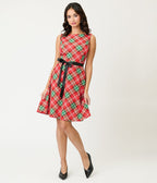 Red & Green Plaid Flare Dress - Unique Vintage - Womens, DRESSES, FIT AND FLARE