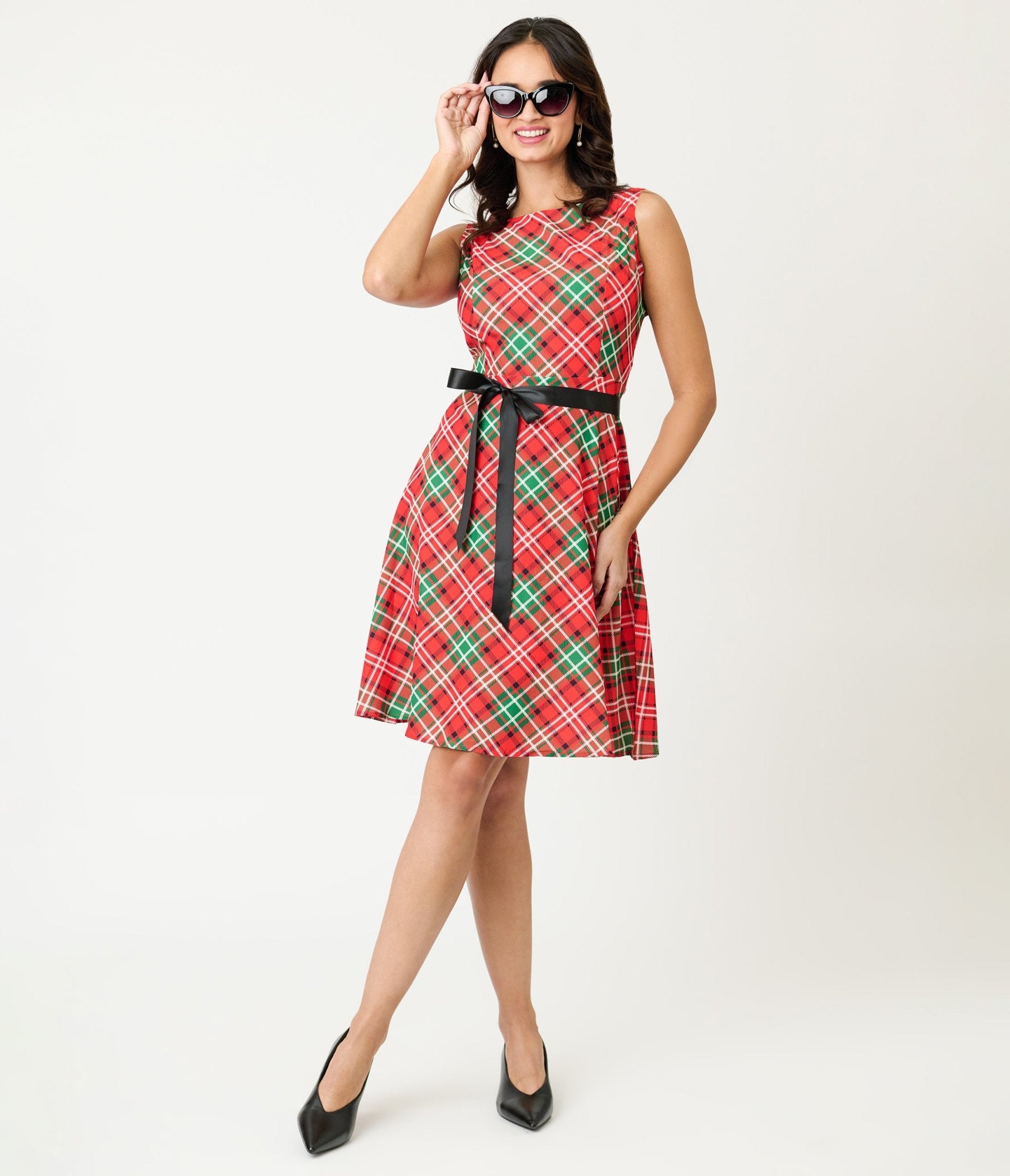Red & Green Plaid Flare Dress Unique Vintage Red & Green Plaid Flare Dress Unique Vintage