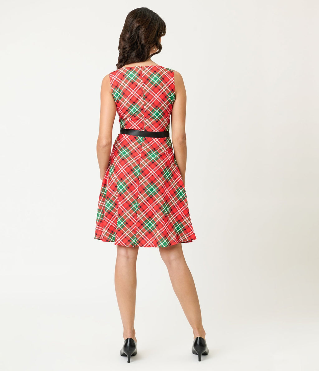 Red & Green Plaid Flare Dress - Unique Vintage - Womens, DRESSES, FIT AND FLARE