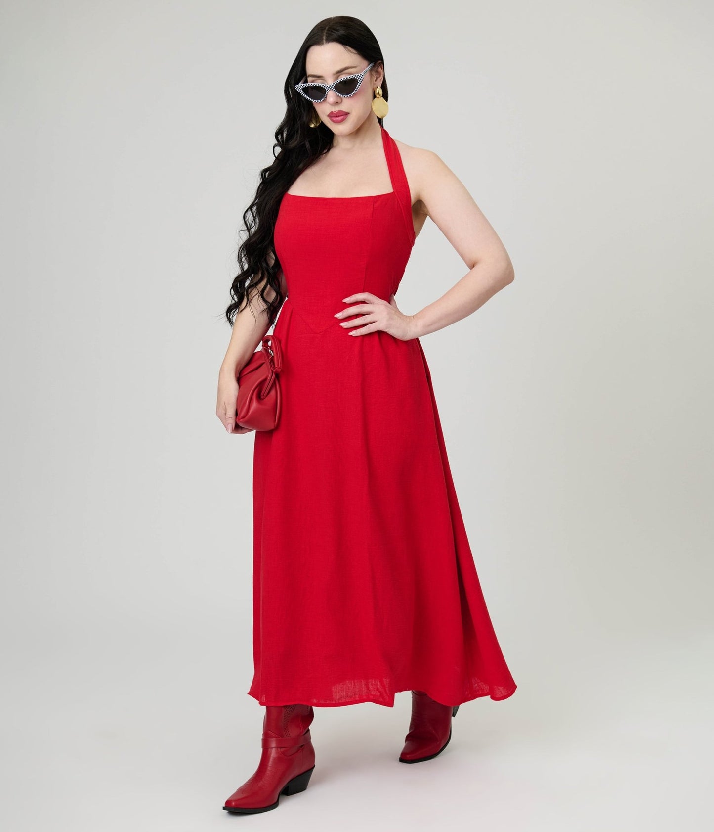 Red Halter A - Line Midi Dress - Unique Vintage - Womens, DRESSES, MIDI