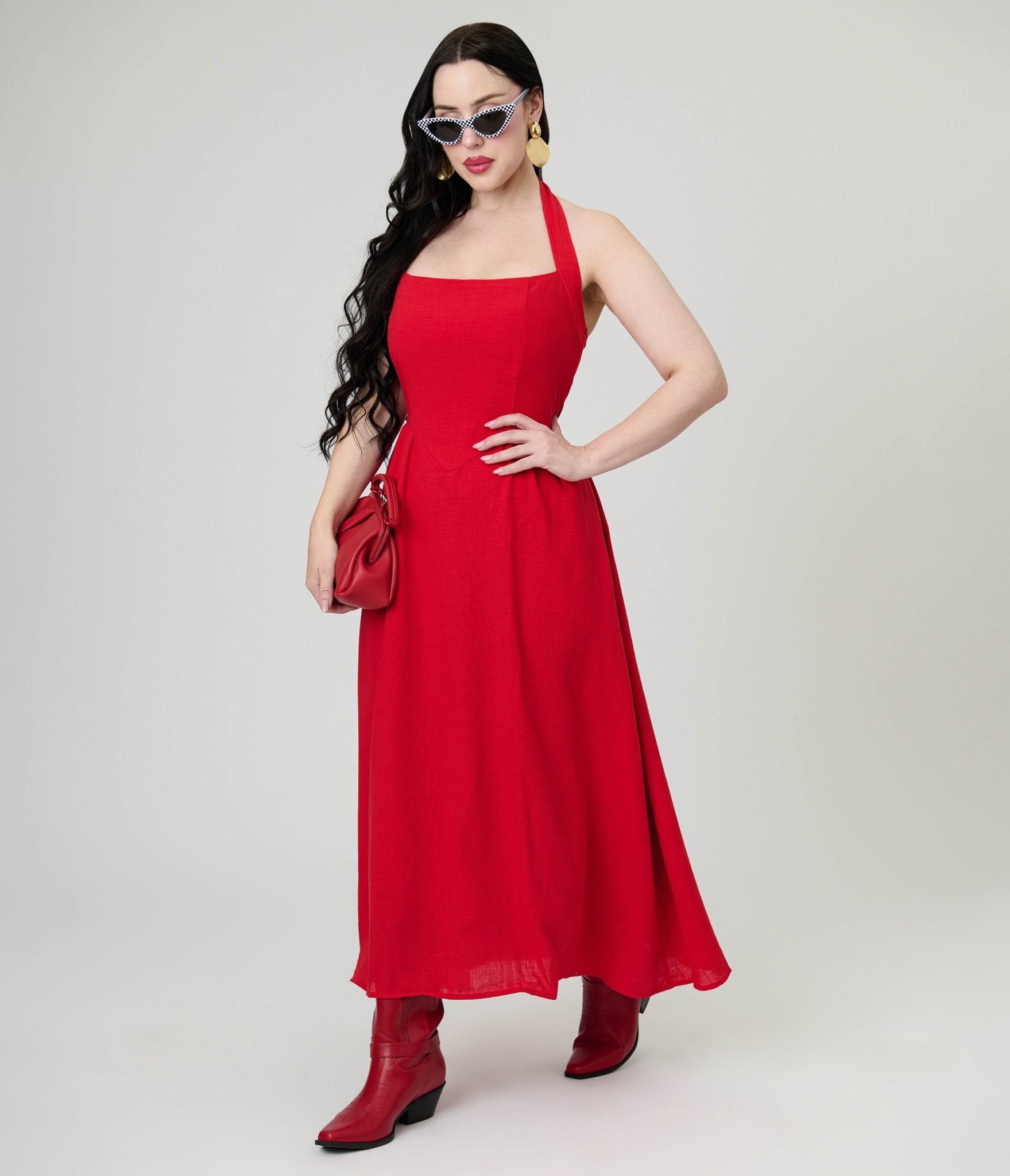 Red Halter A - Line Midi Dress - Unique Vintage - Womens, DRESSES, MIDI