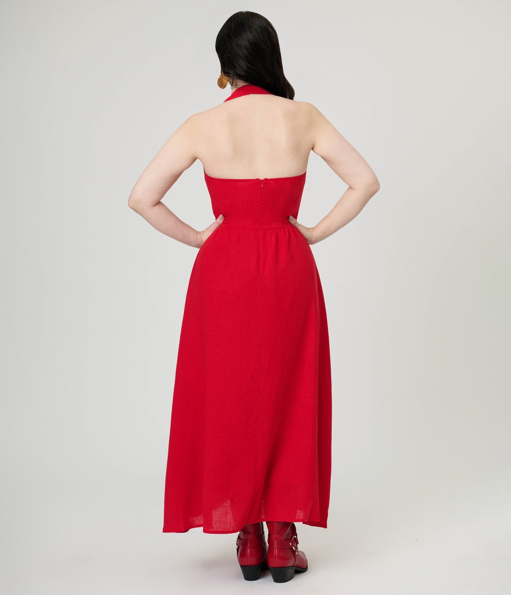 Red Halter A - Line Midi Dress - Unique Vintage - Womens, DRESSES, MIDI