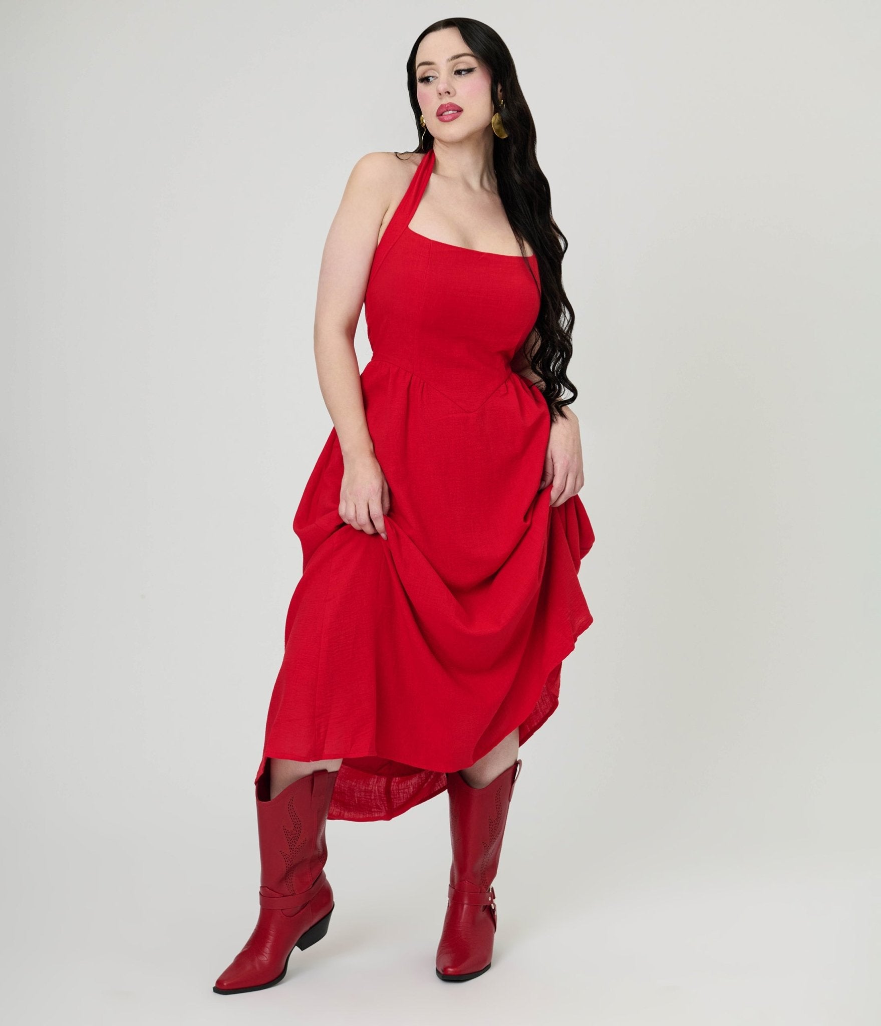Red Halter A - Line Midi Dress - Unique Vintage - Womens, DRESSES, MIDI