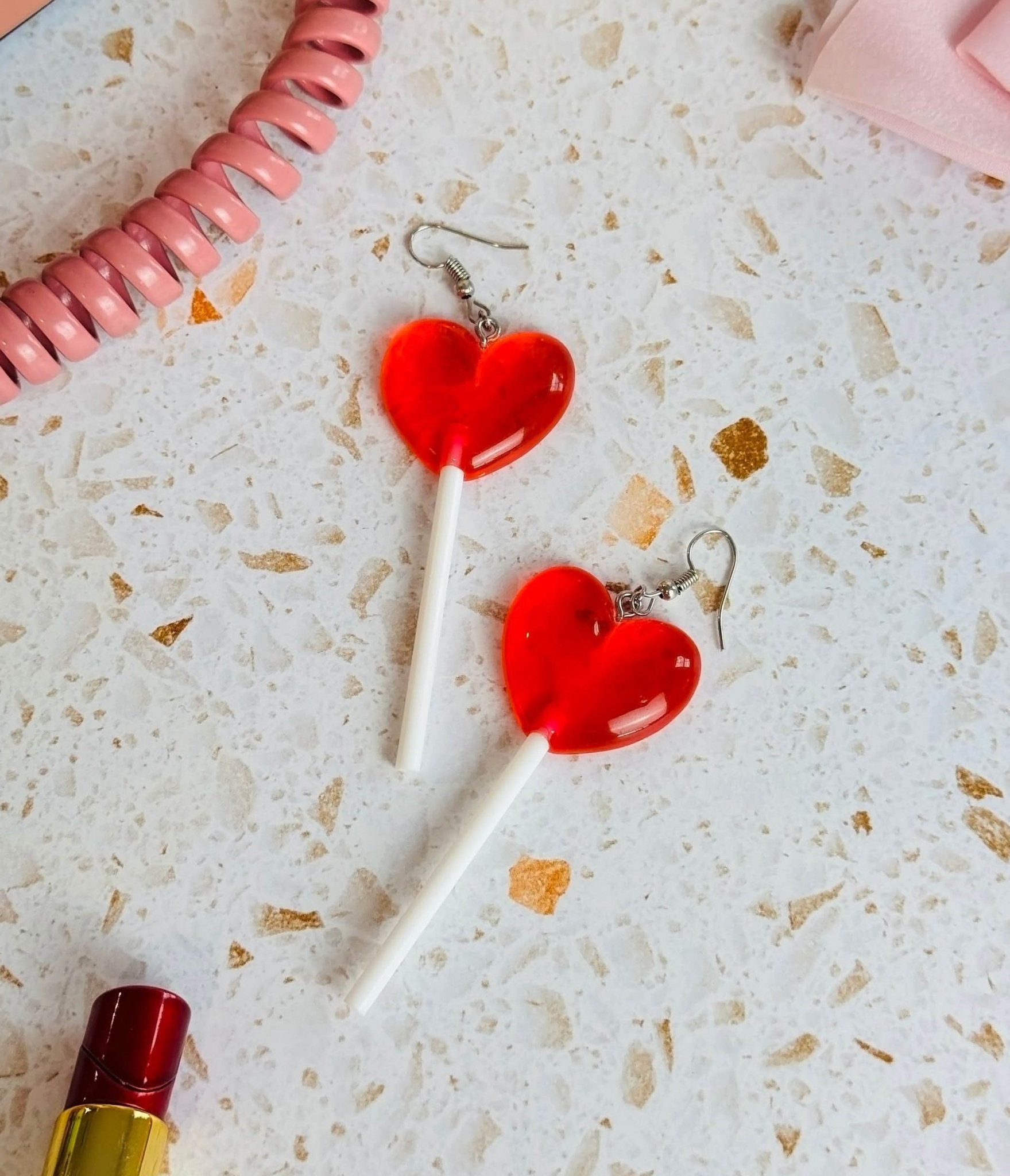 Red Heart Lolli Earrings - Unique Vintage - Womens, ACCESSORIES, JEWELRY