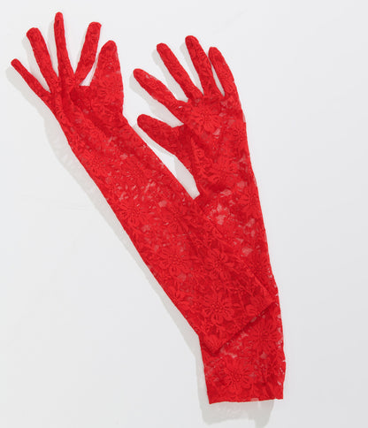Red Lace Elbow Length Gloves - Unique Vintage - Womens, ACCESSORIES, GLOVES/SCARVES
