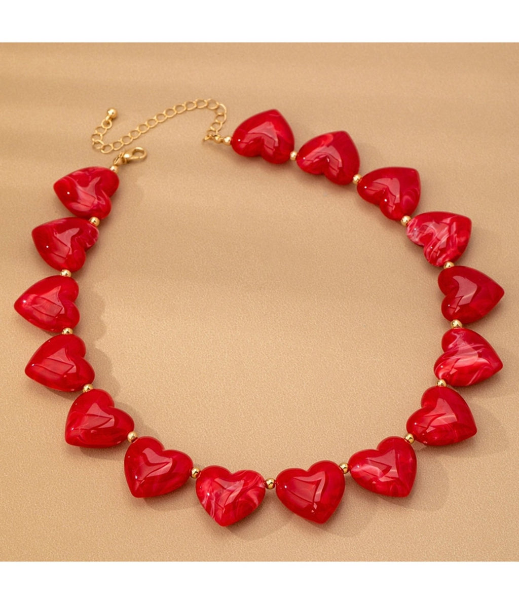 Red Large Heart Shaped Beaded Necklace - Unique Vintage - Womens, ACCESSORIES, JEWELRY