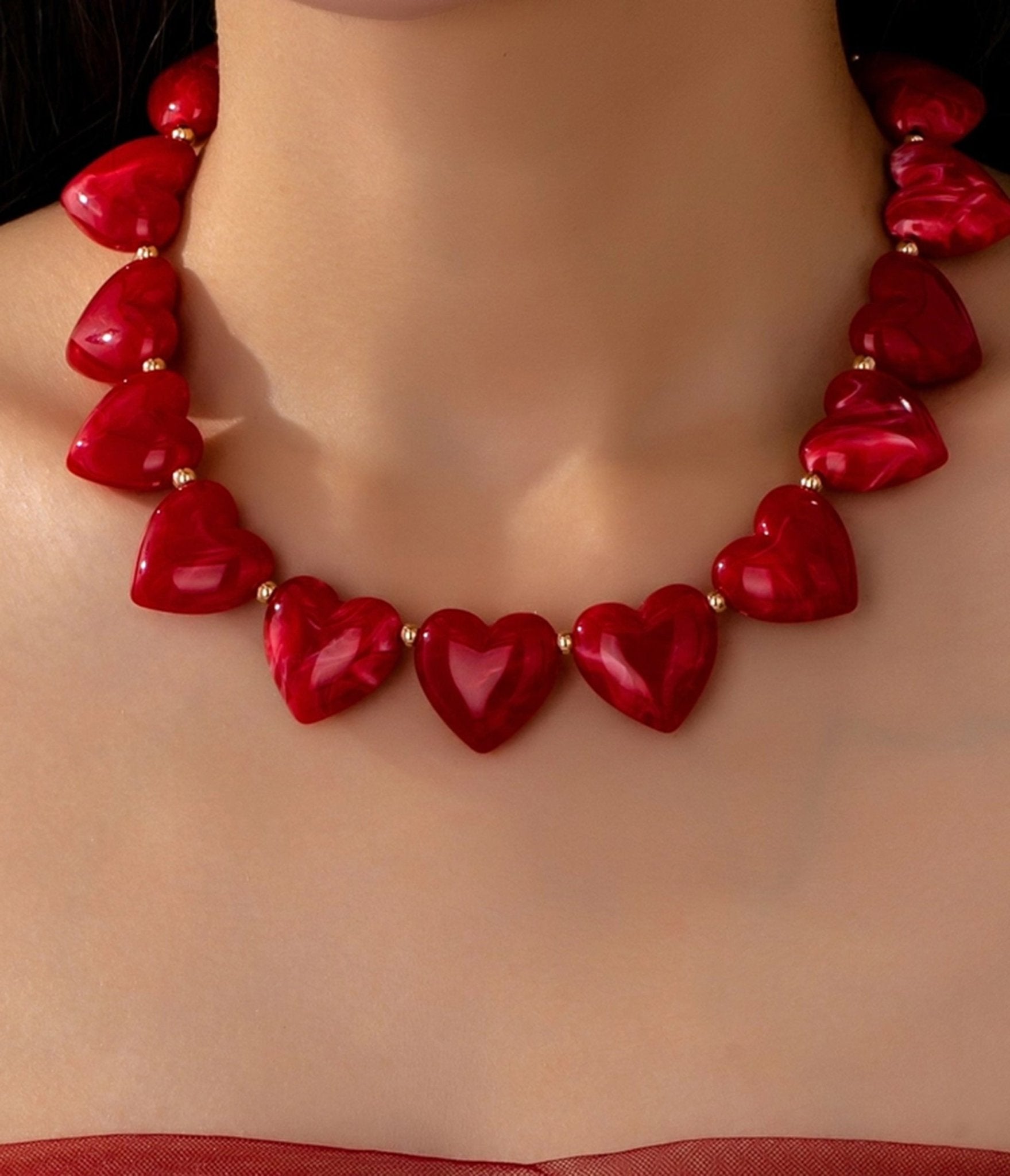 Red Large Heart Shaped Beaded Necklace - Unique Vintage - Womens, ACCESSORIES, JEWELRY