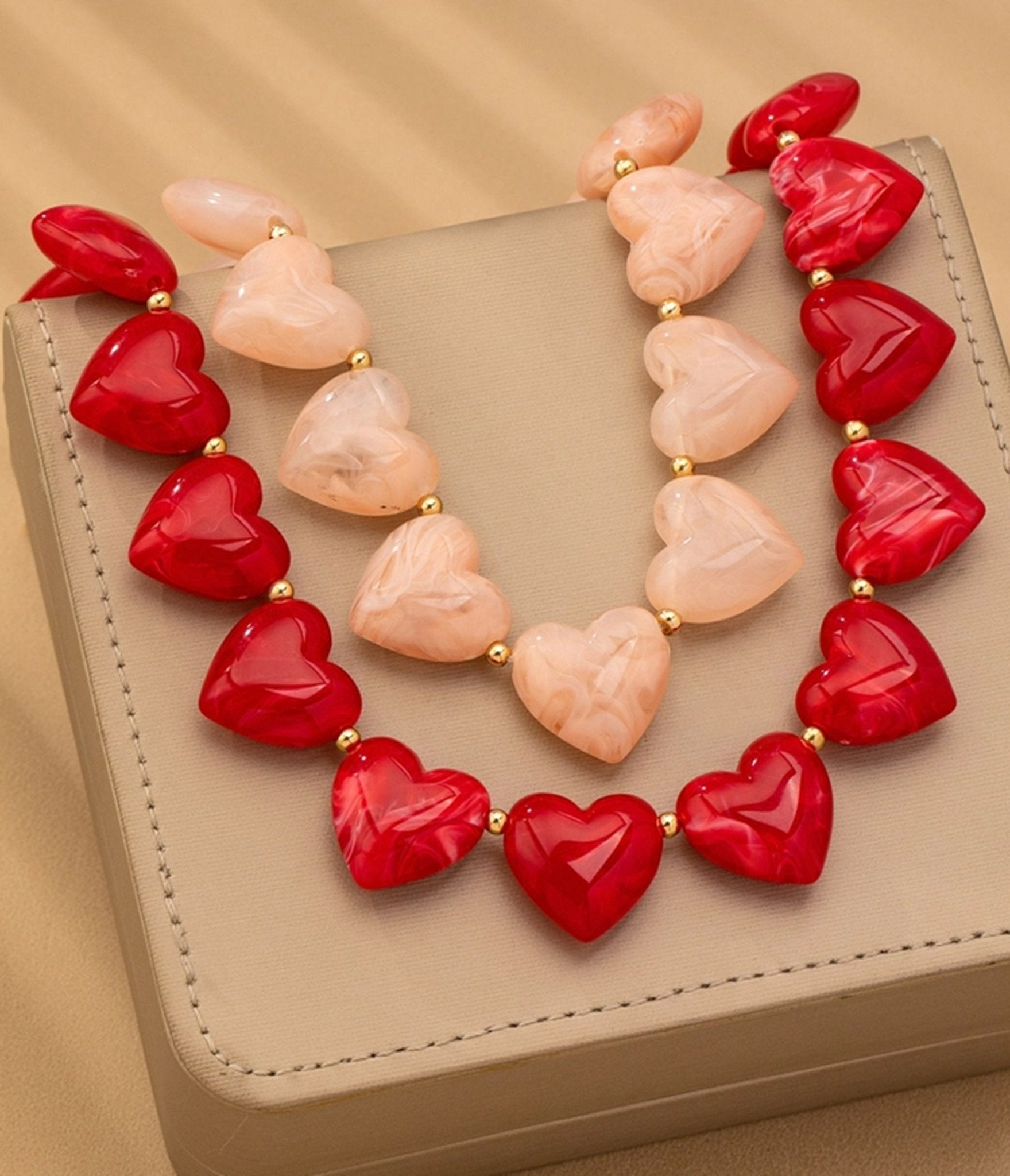 Red Large Heart Shaped Beaded Necklace - Unique Vintage - Womens, ACCESSORIES, JEWELRY