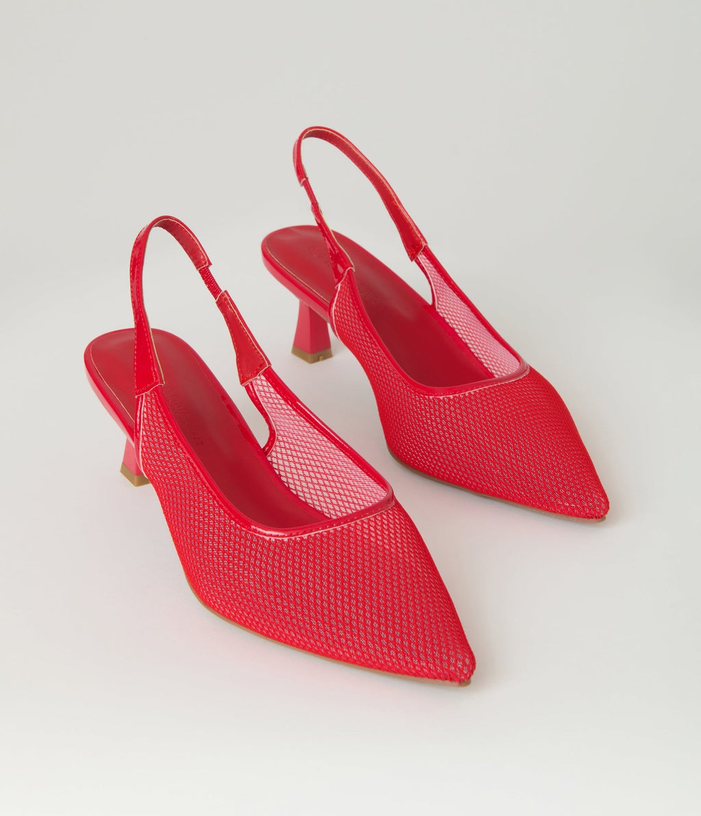 Red Mesh Pointed Toe Slingback Pumps - Unique Vintage - Womens, SHOES, HEELS