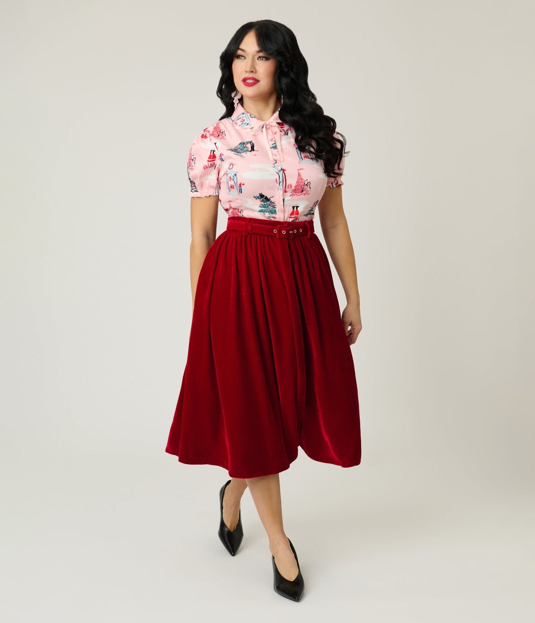 Red Millie Velvet Swing Skirt - Unique Vintage - Womens, BOTTOMS, SKIRTS