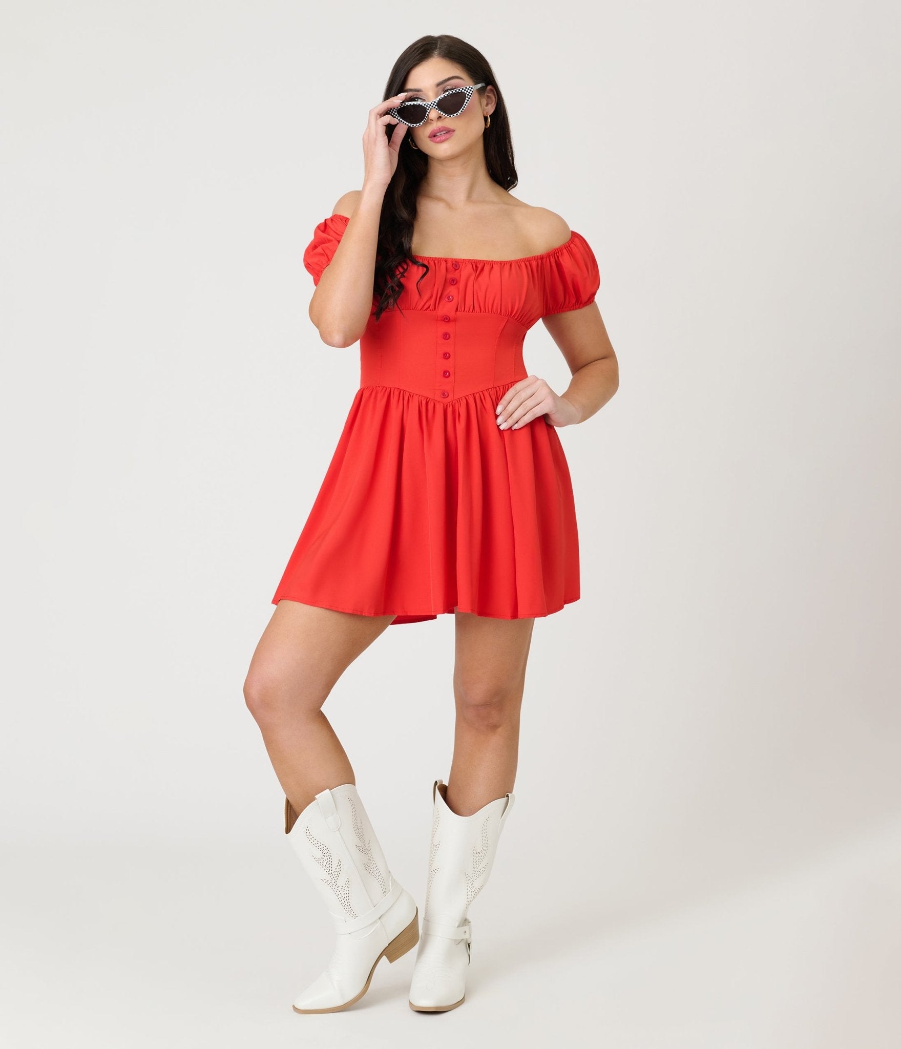Red Off The Shoulder Mini Dress - Unique Vintage - Womens, DRESSES, MIDI