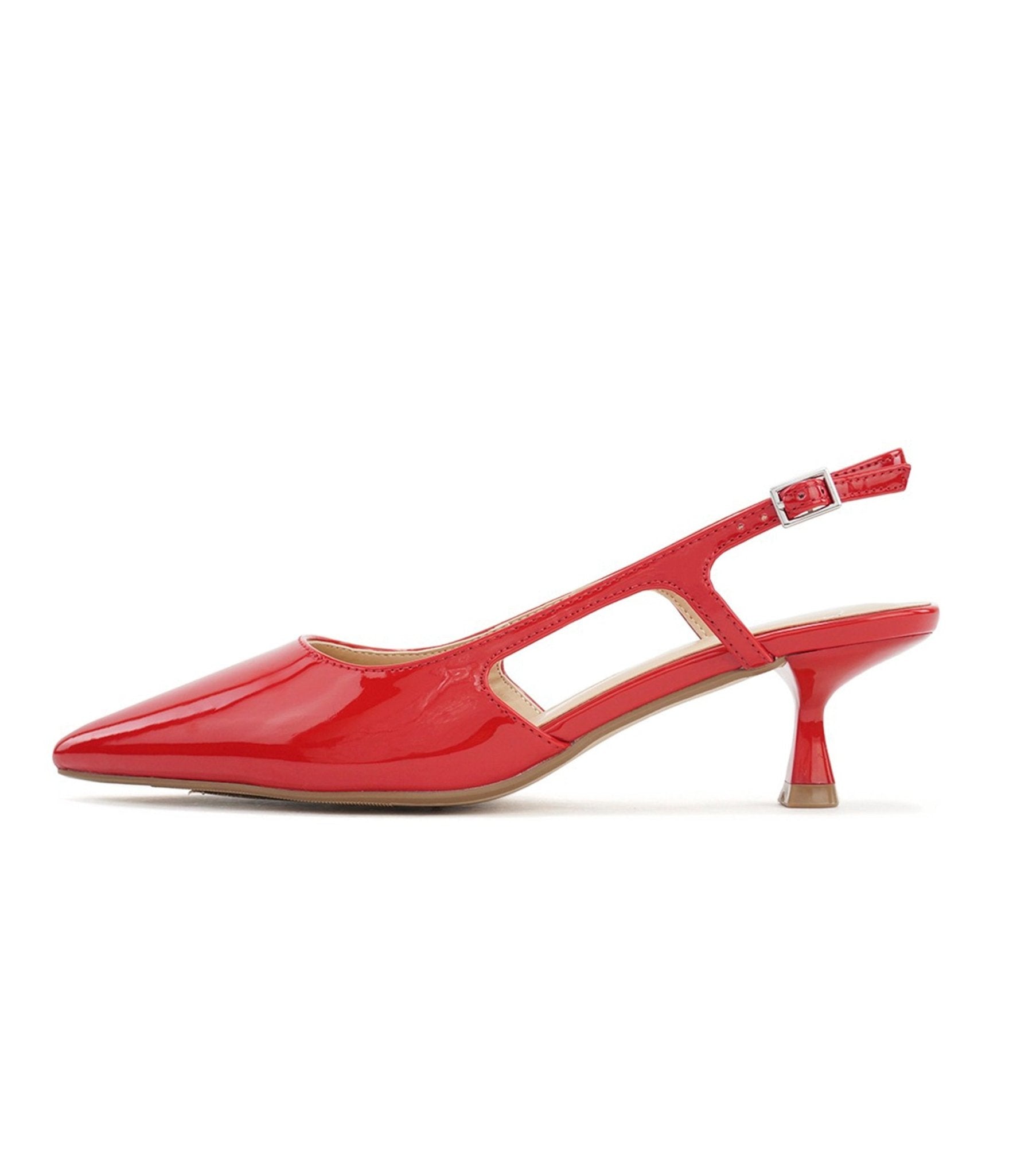 Red Patent Leatherette Bell Pointed Toe Slingback Kitten Heels - Unique Vintage - Womens, SHOES, HEELS