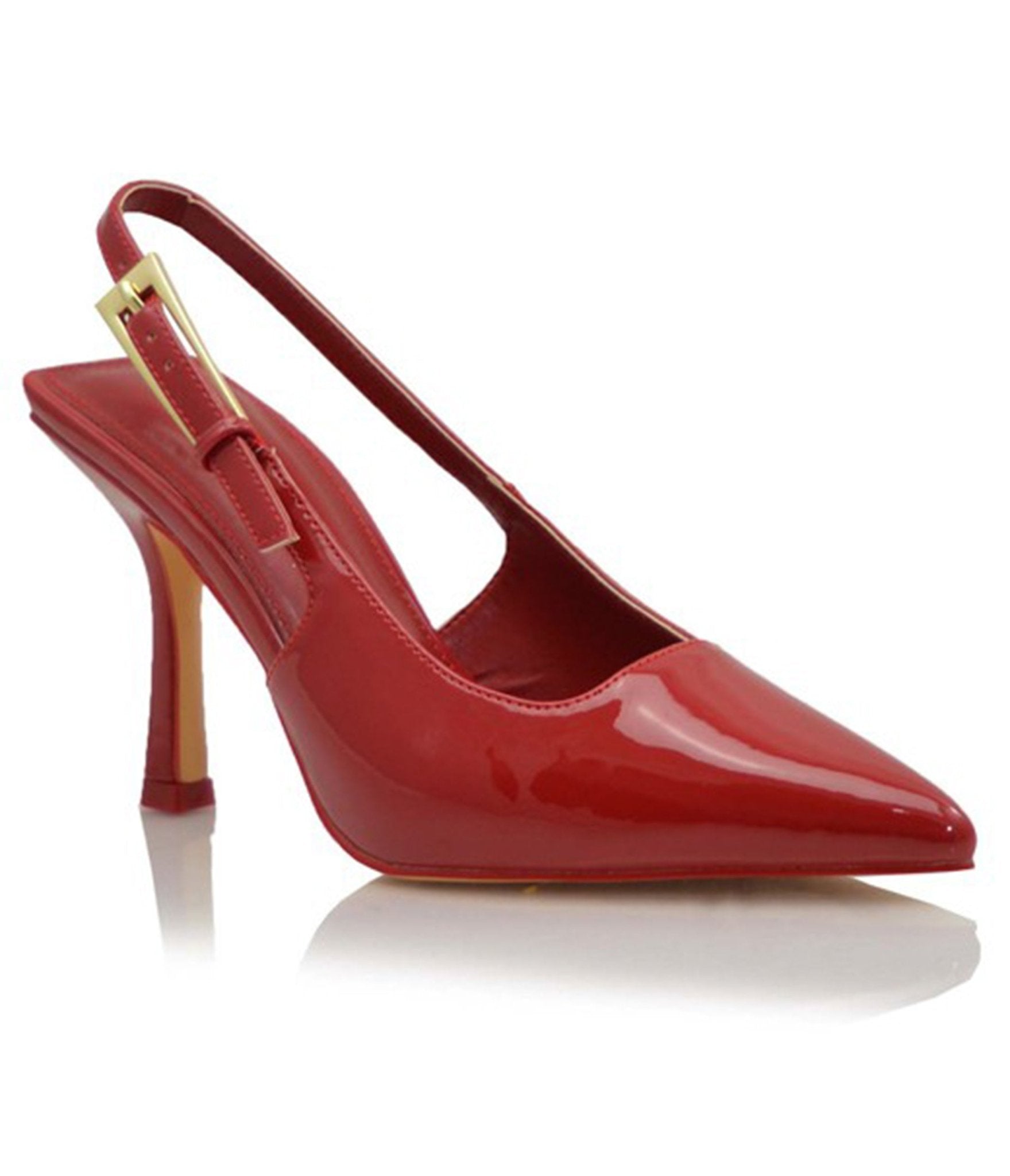 Red Patent Leatherette Buckle Slingback Heels - Unique Vintage - Womens, SHOES, HEELS
