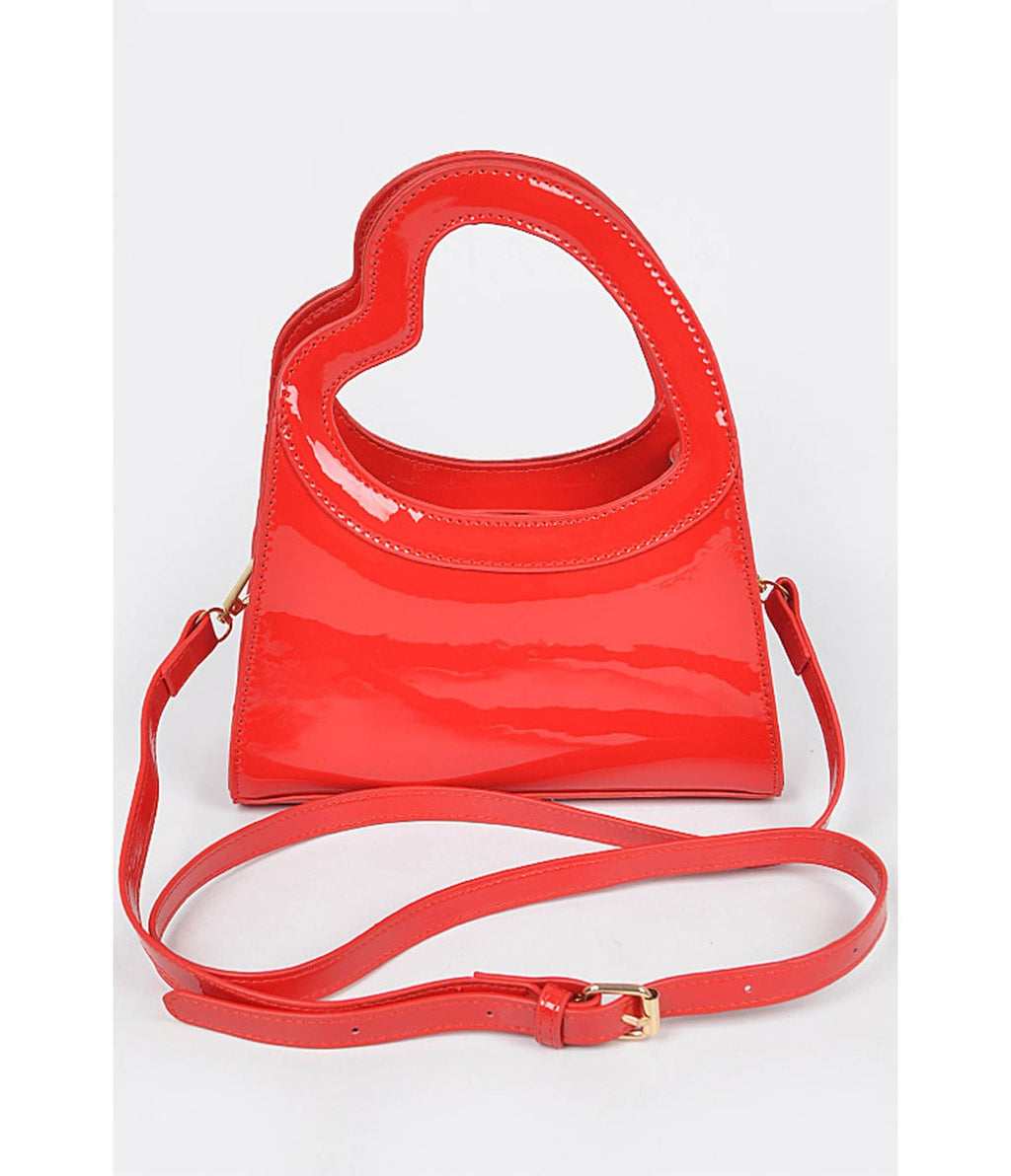 Red Patent Leatherette Heart Handle Bag - Unique Vintage - Womens, ACCESSORIES, HANDBAGS