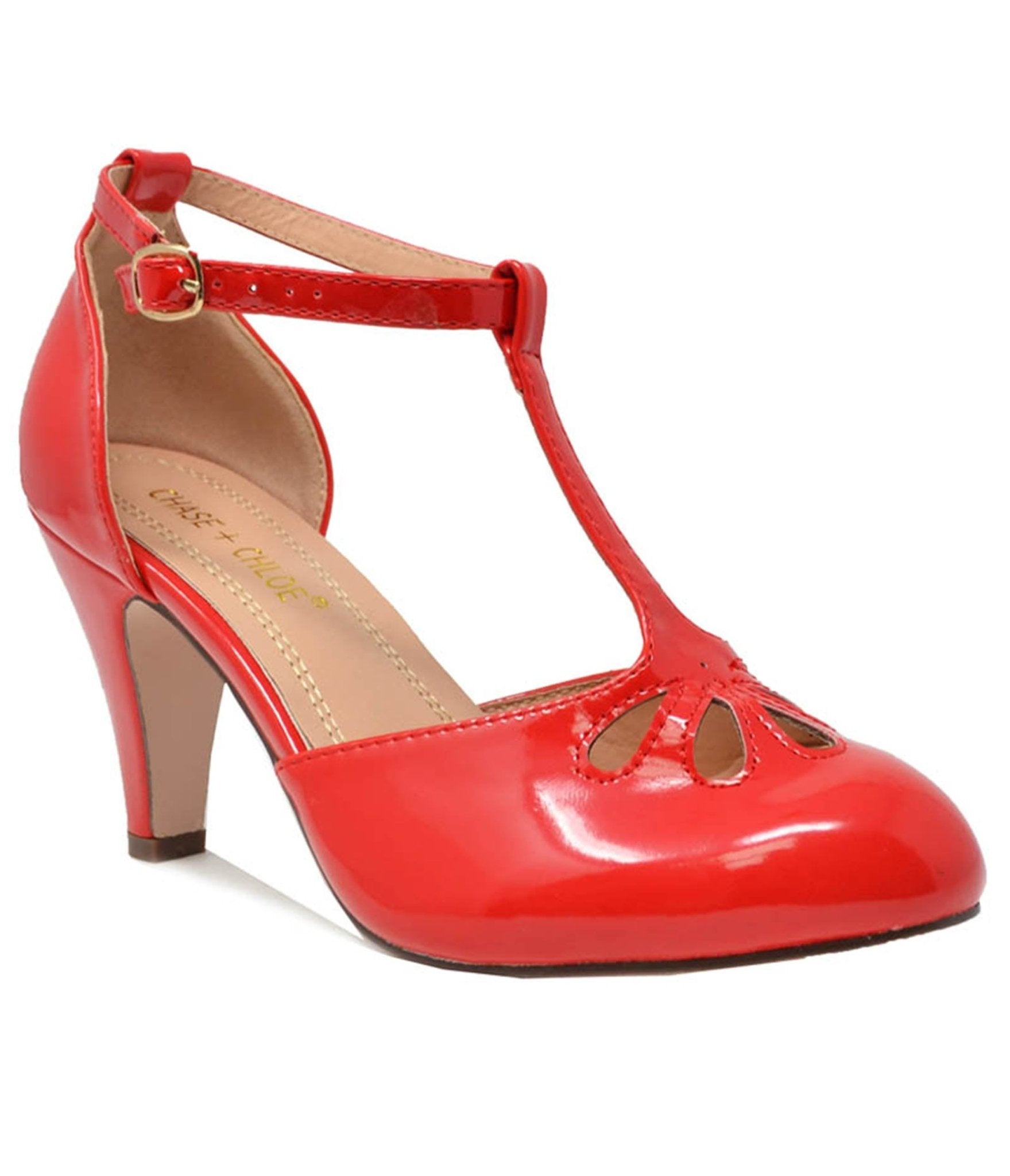 Red Patent Leatherette T - Strap Mary Jane Pumps - Unique Vintage - Womens, SHOES, HEELS