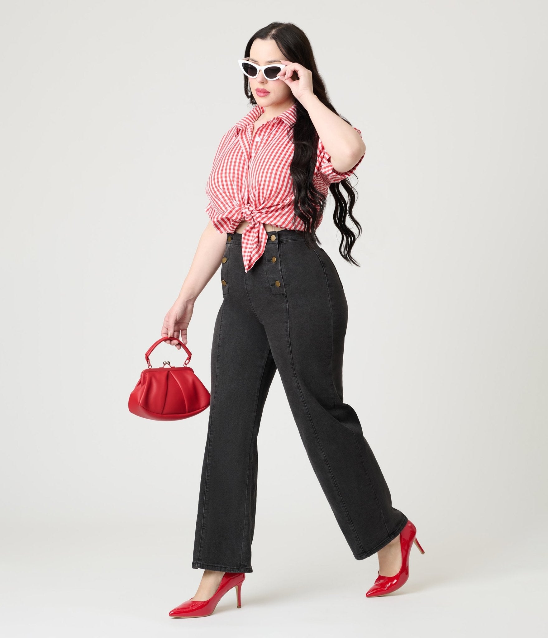 Red Plaid Button Up Blouse - Unique Vintage - Womens, TOPS, WOVEN TOPS