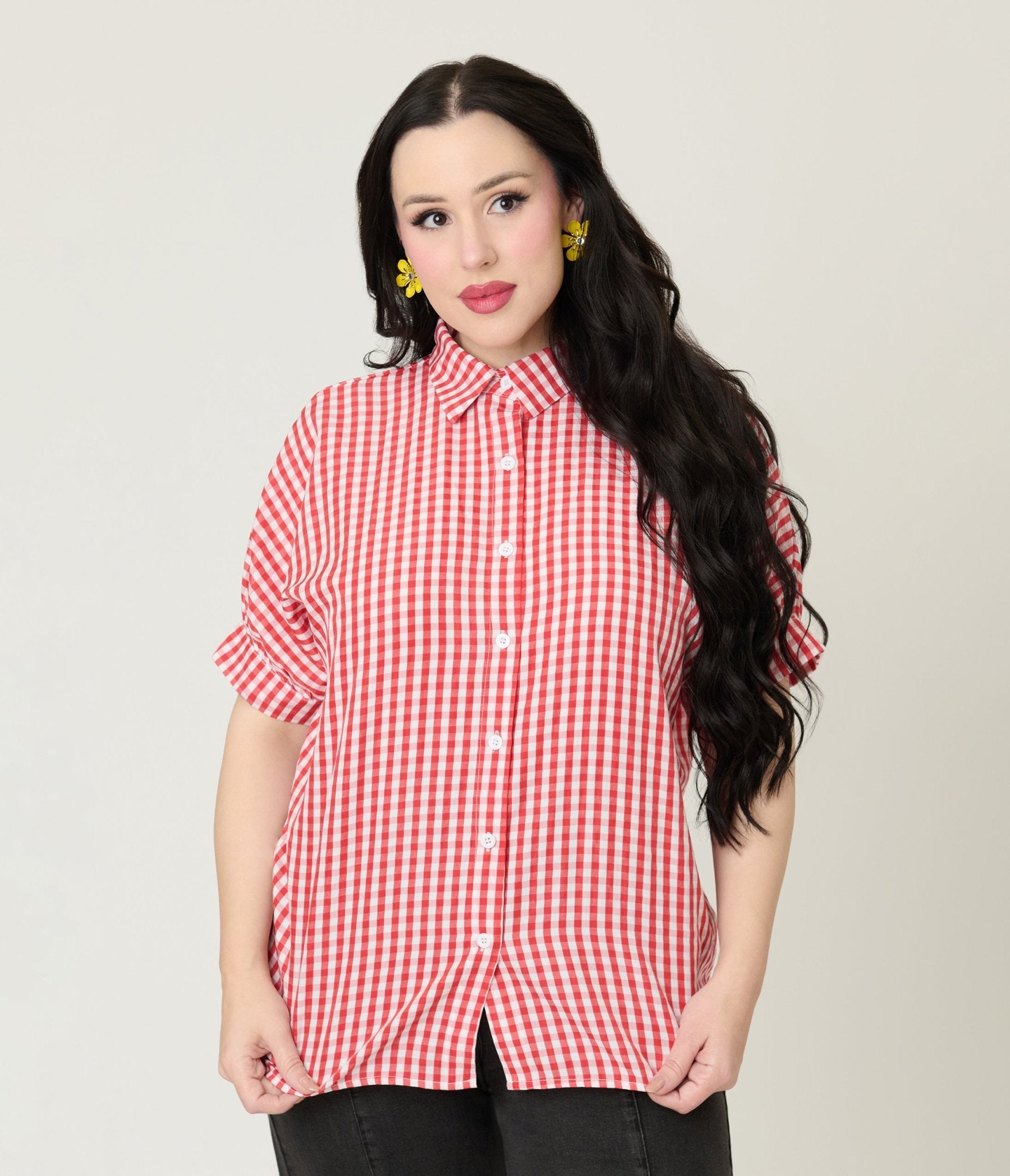 Red Plaid Button Up Blouse - Unique Vintage - Womens, TOPS, WOVEN TOPS