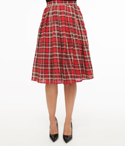 Red Plaid Fit & Flare Cotton Skirt - Unique Vintage - Womens, BOTTOMS, SKIRTS