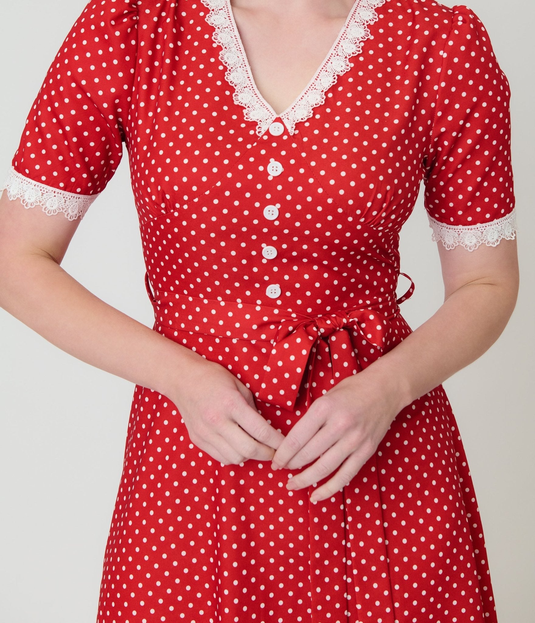 Red Polka Dot V - Neck Swing Dress - Unique Vintage - Womens, DRESSES, SWING