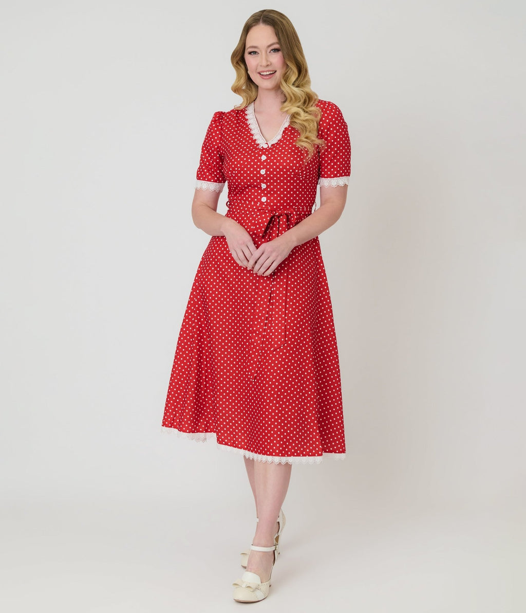 Red Polka Dot V - Neck Swing Dress - Unique Vintage - Womens, DRESSES, SWING