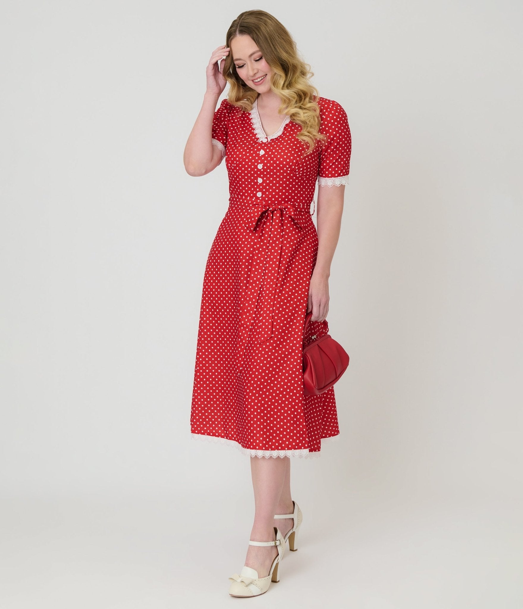 Red Polka Dot V - Neck Swing Dress - Unique Vintage - Womens, DRESSES, SWING