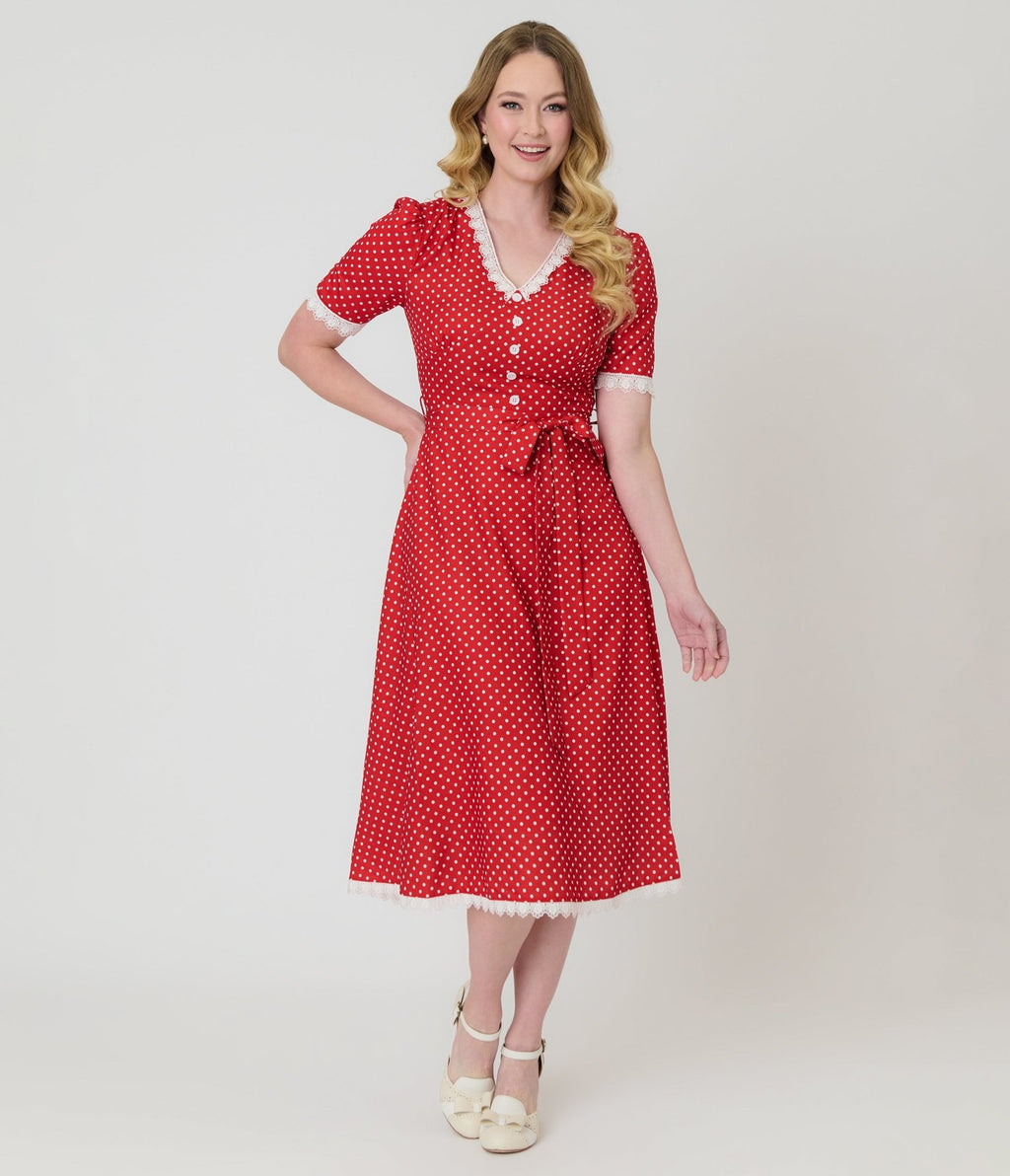 Red Polka Dot V - Neck Swing Dress - Unique Vintage - Womens, DRESSES, SWING