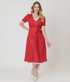 Red Polka Dot V - Neck Swing Dress - Unique Vintage - Womens, DRESSES, SWING