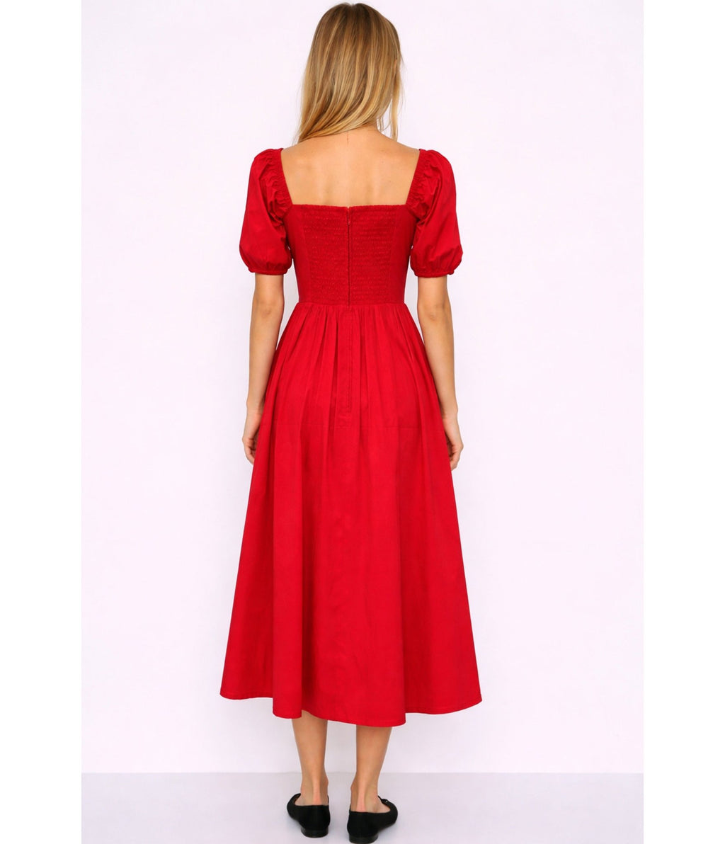 Red Puff Sleeve Midi Dress - Large