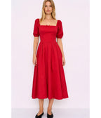 Red Puff Sleeve Midi Dress - Unique Vintage - Womens, DRESSES, SWING