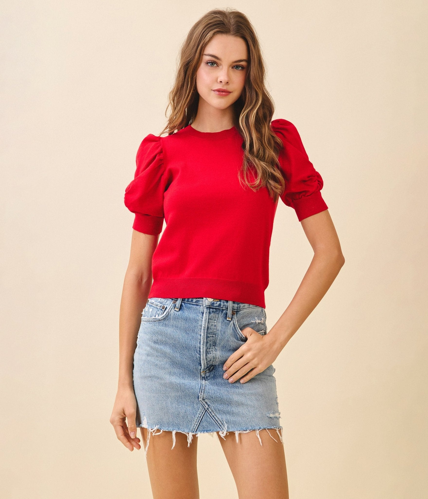 Red Puffed Sleeves Knit Top - Unique Vintage - Womens, TOPS, KNIT TOPS