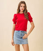 Red Puffed Sleeves Knit Top